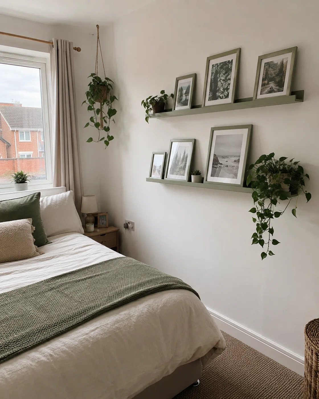 Sage green picture ledge shelves with plants and frames on wall