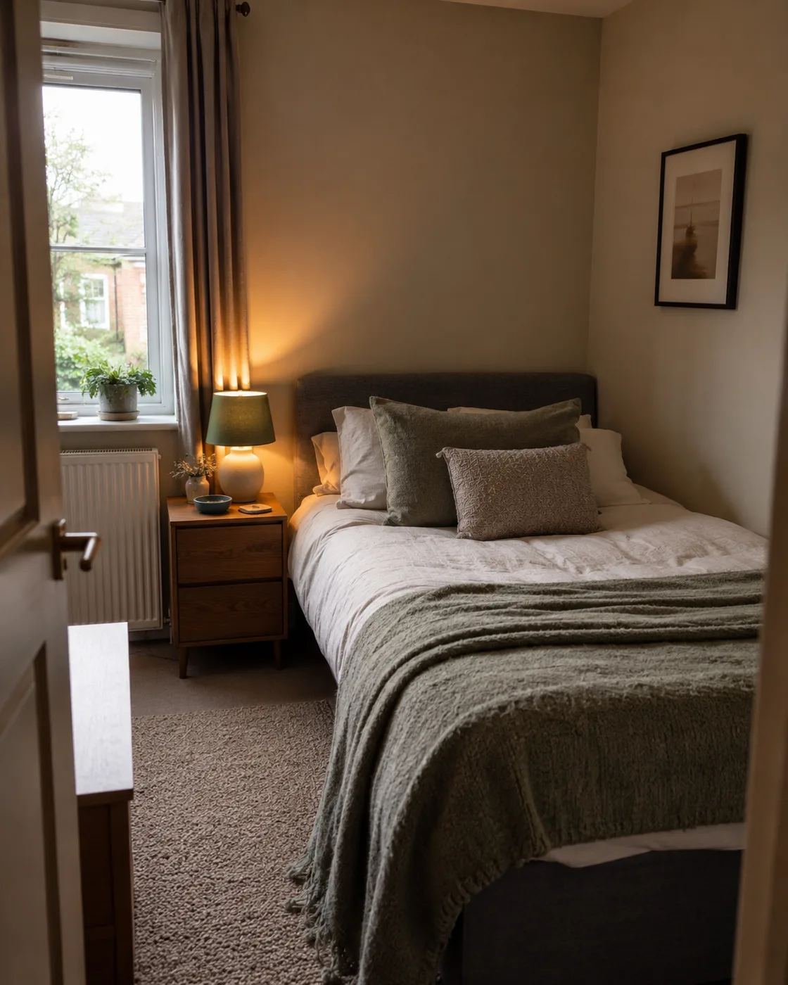 Sage green throw blanket on bed in warm evening bedroom
