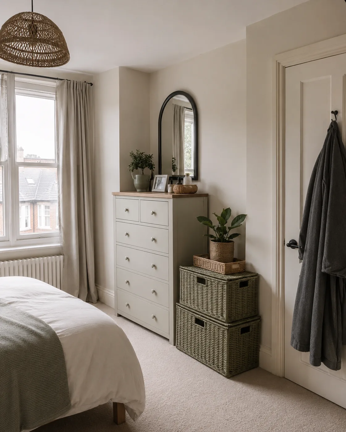 Sage green wicker baskets beside white chest of drawers