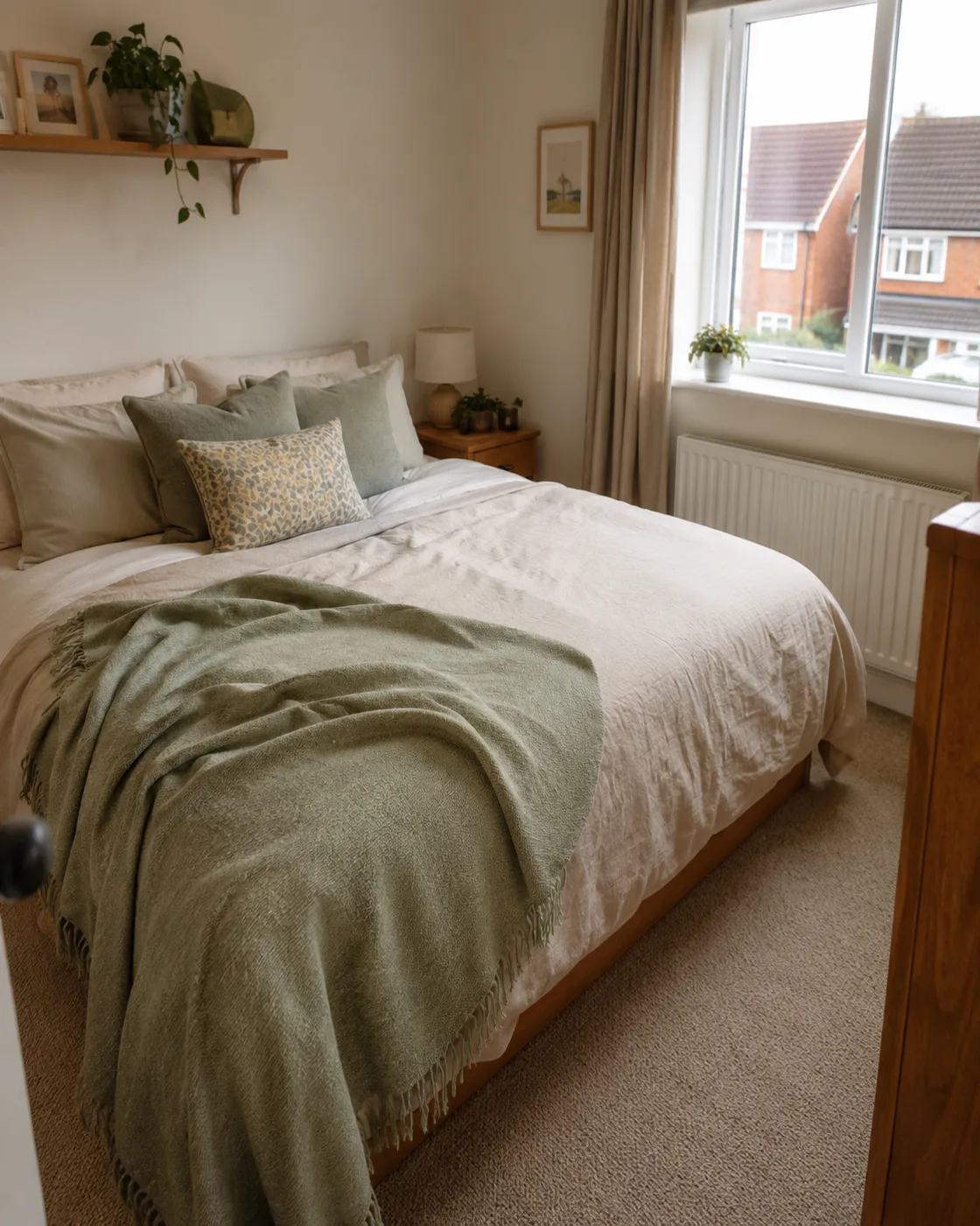 Sage green bedding and throw on double bed in small bedroom