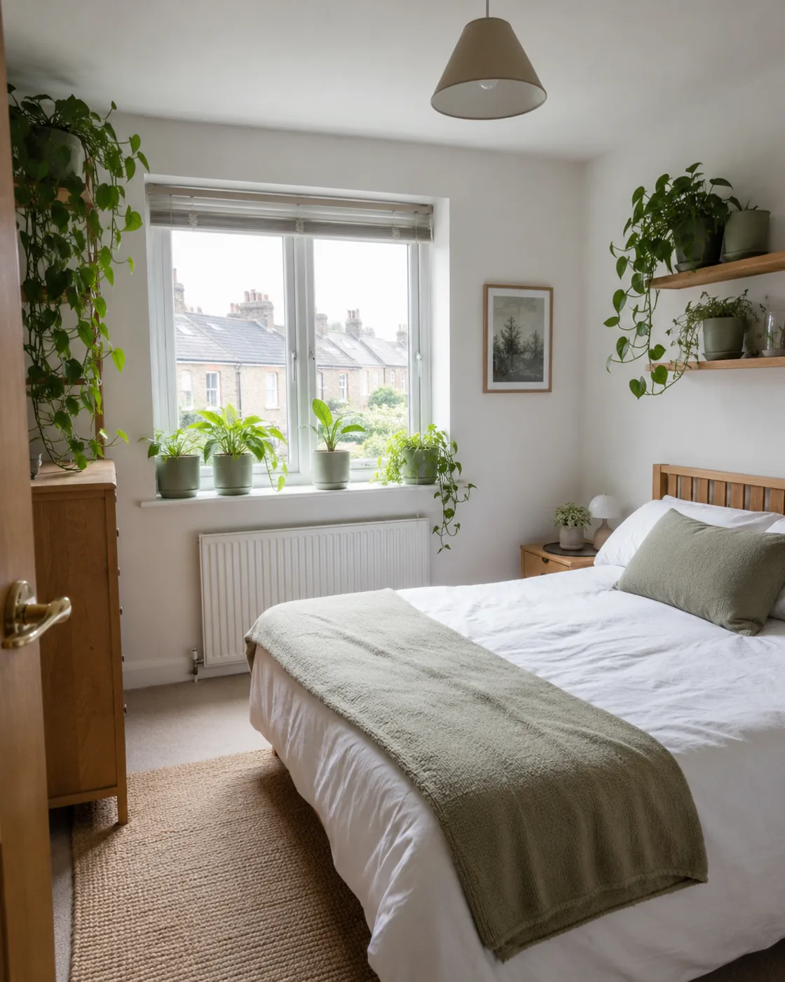 Sage green trailing plants and vines styled in bedroom