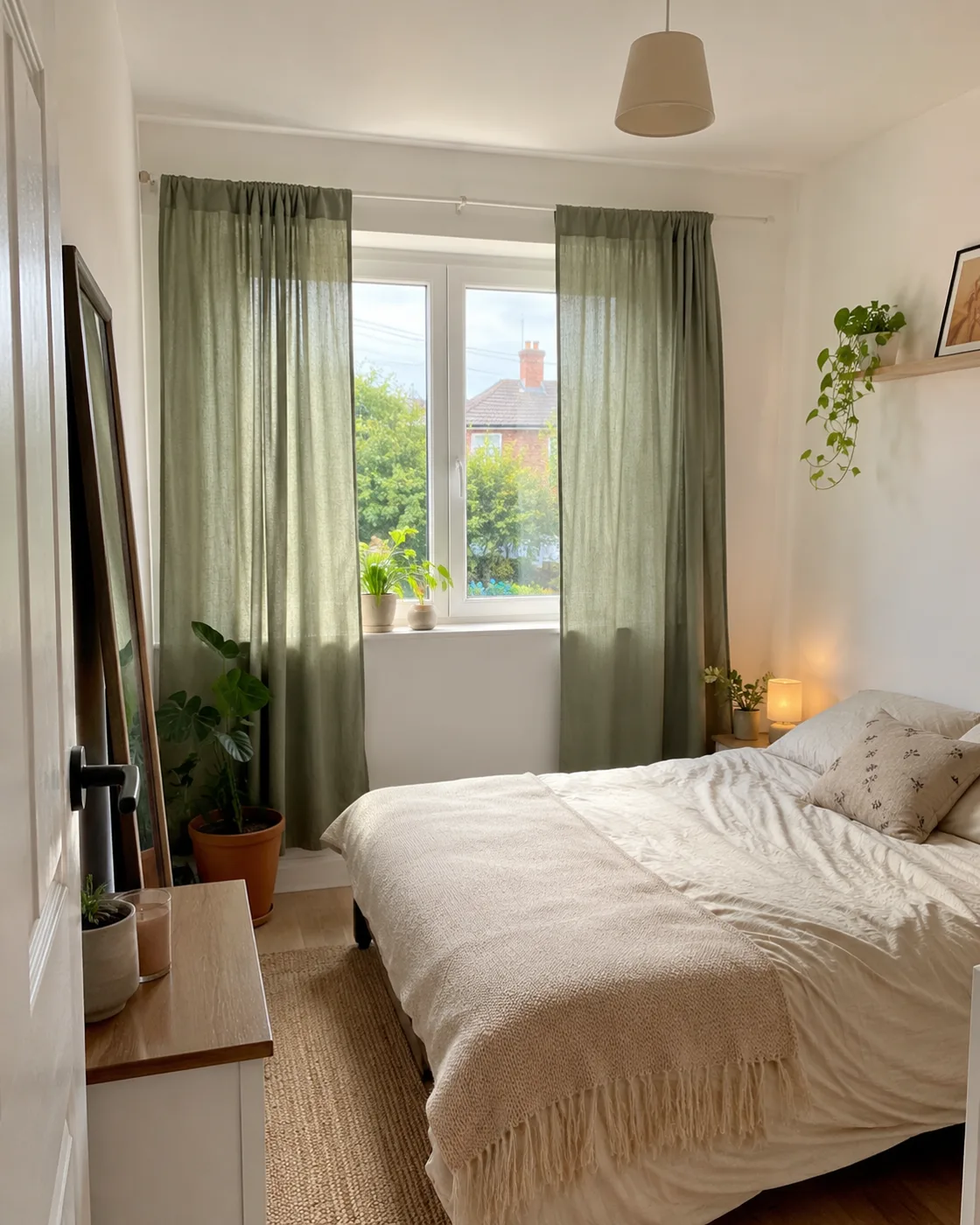 Sage green curtains hanging beside bed with plants in bedroom
