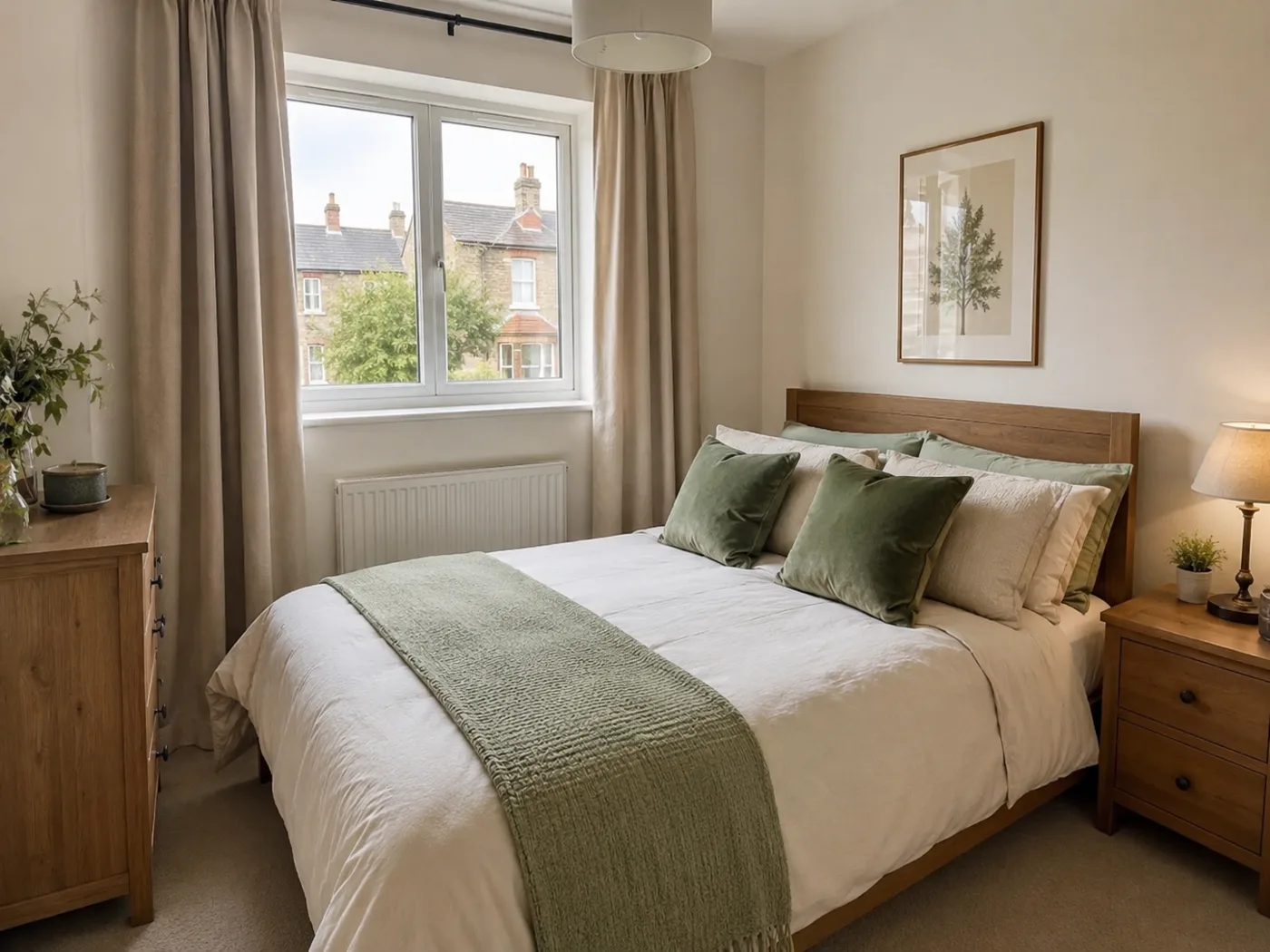 Sage green bedding with wooden bedside furniture in bedroom