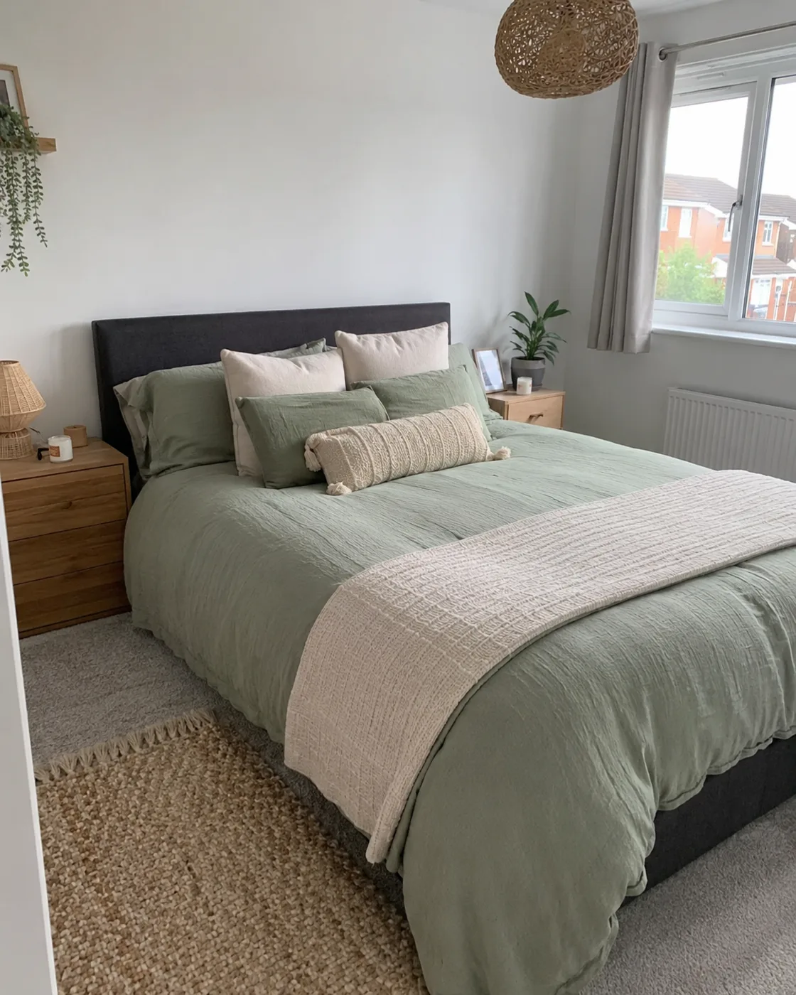 Sage green bedding and cushions on bed in small bedroom