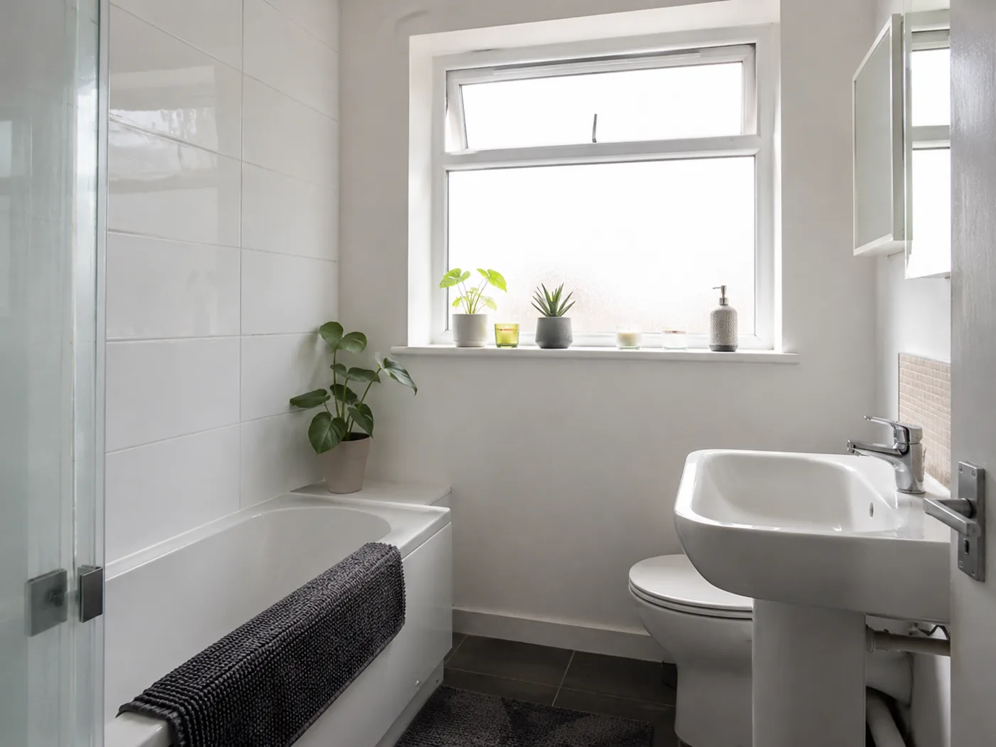 Bathroom windowsill with plants and natural light beside bath