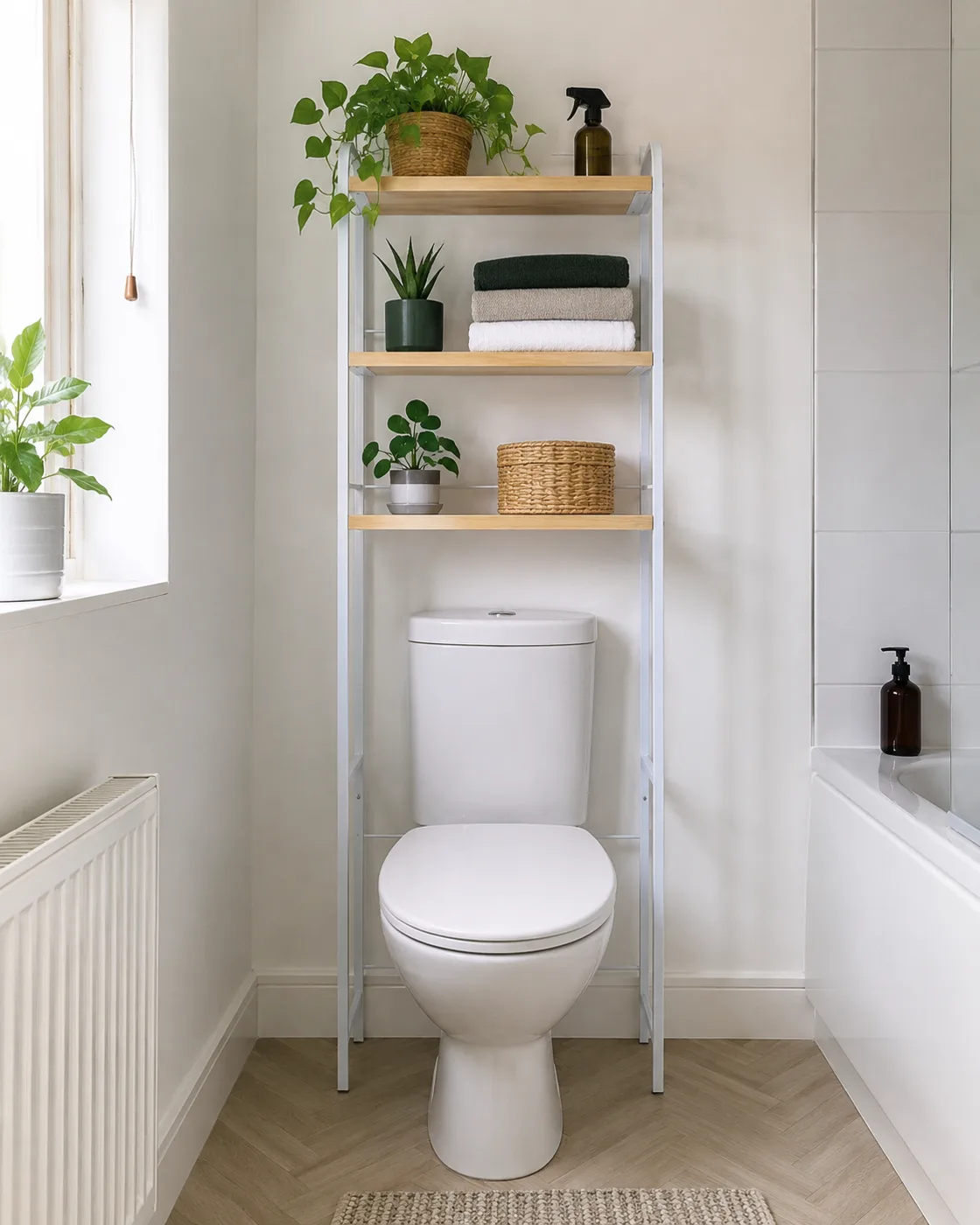 Freestanding over-toilet shelf unit with plants and towels