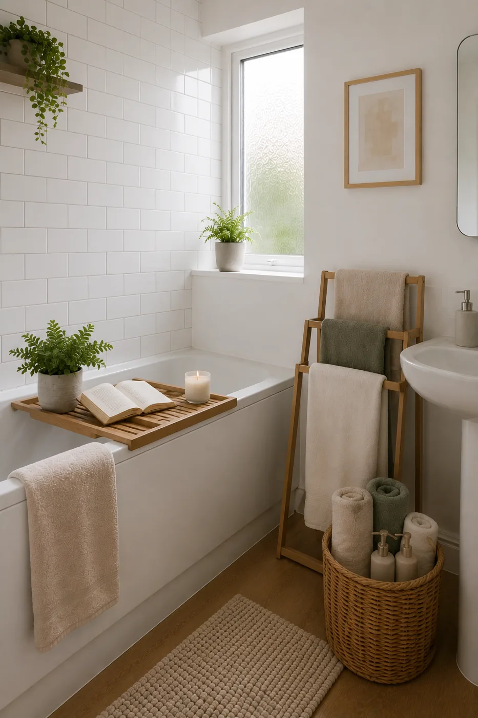 Wooden ladder towel rail beside bath with wicker basket