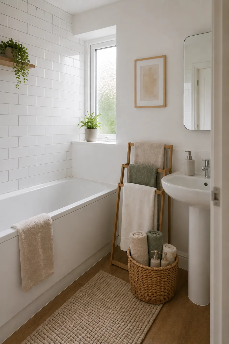 Freestanding chrome towel rail beside bathtub