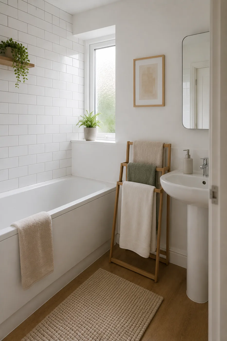 Freestanding towel rail beside bath with plants on windowsill