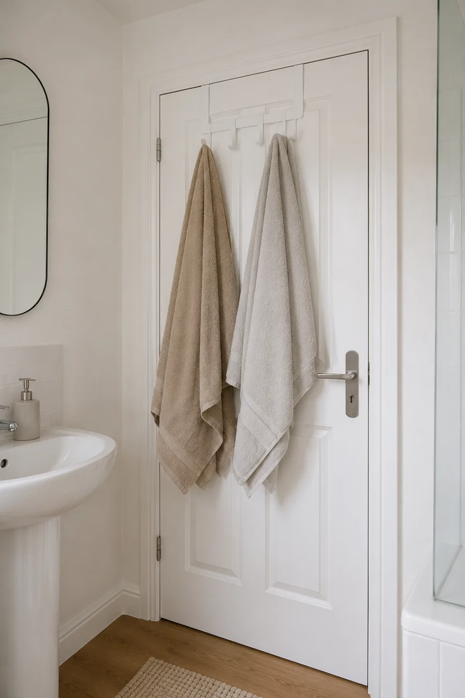 Over-door hook organiser with towels on bathroom door