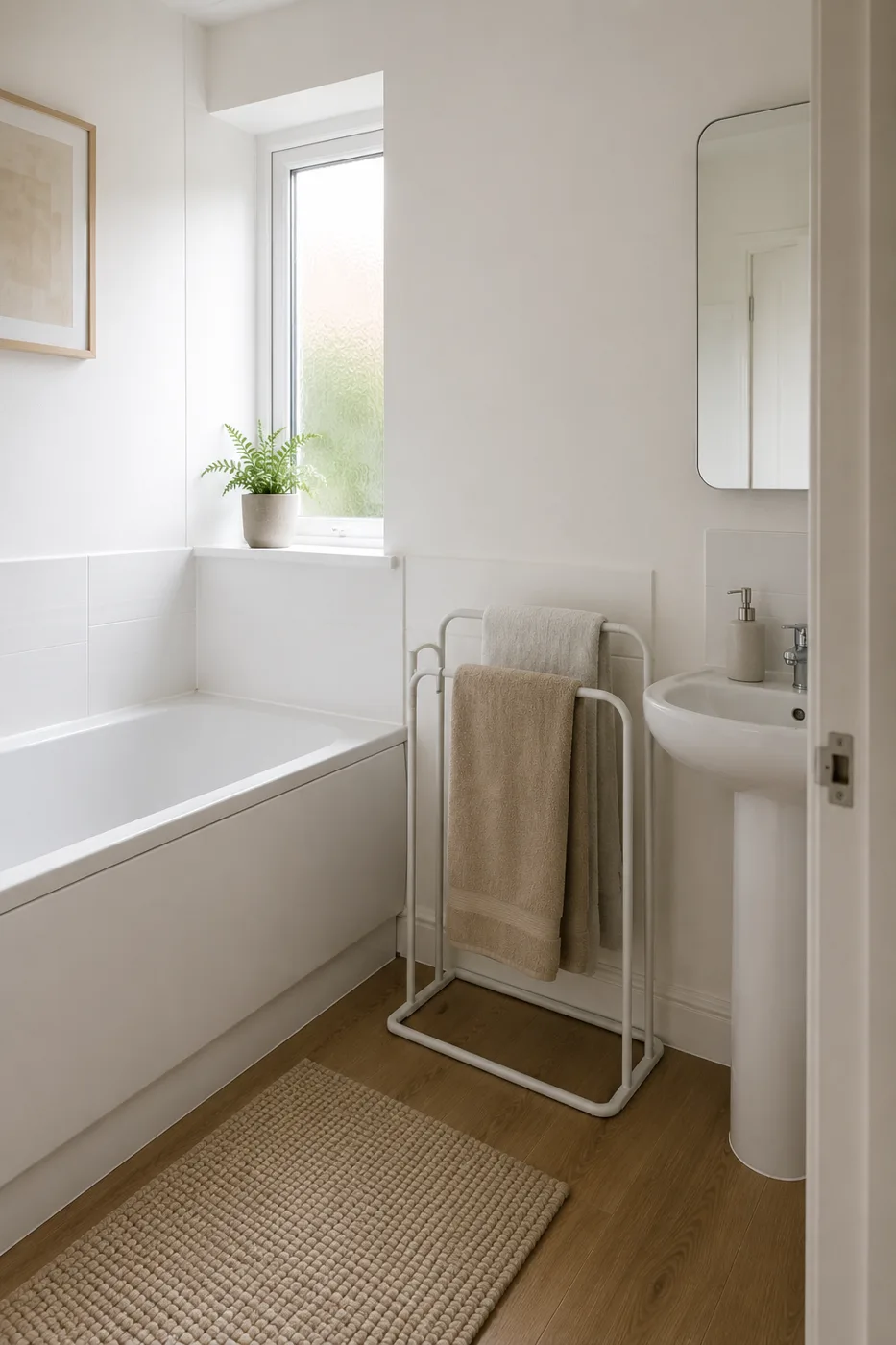 Freestanding chrome towel rail in white bathroom