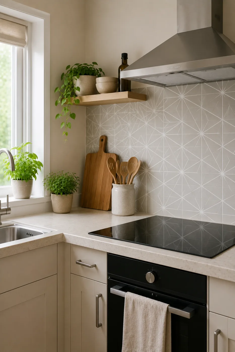 Peel and stick splashback tiles behind kitchen hob