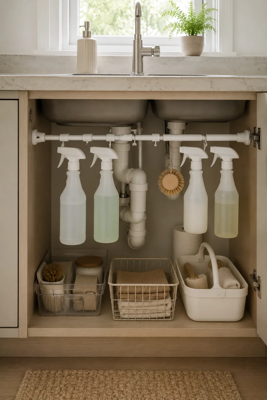 Tension rod under kitchen sink with hanging cleaning spray bottles