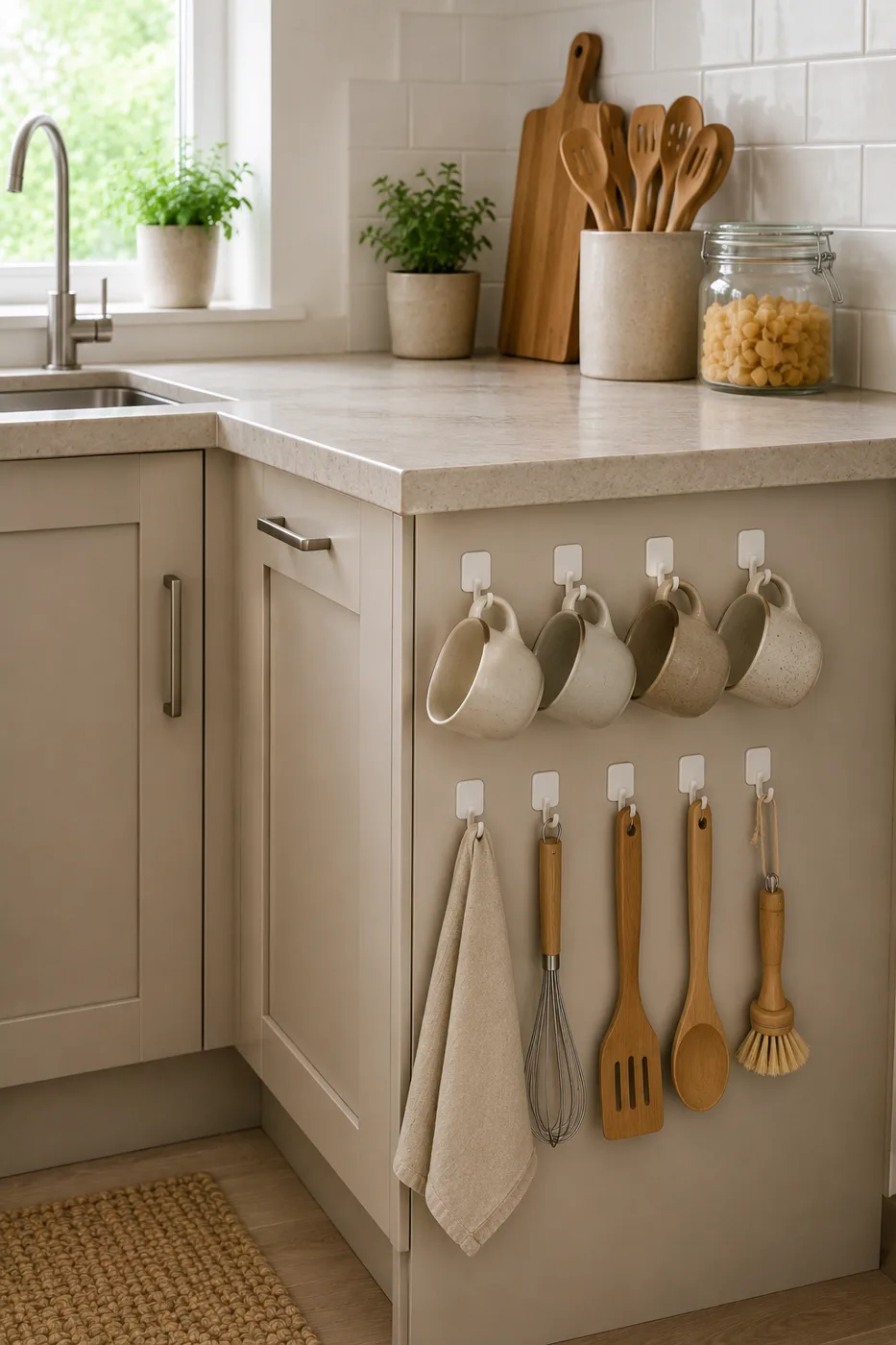 Adhesive hooks on kitchen cabinet with mugs and utensils hanging