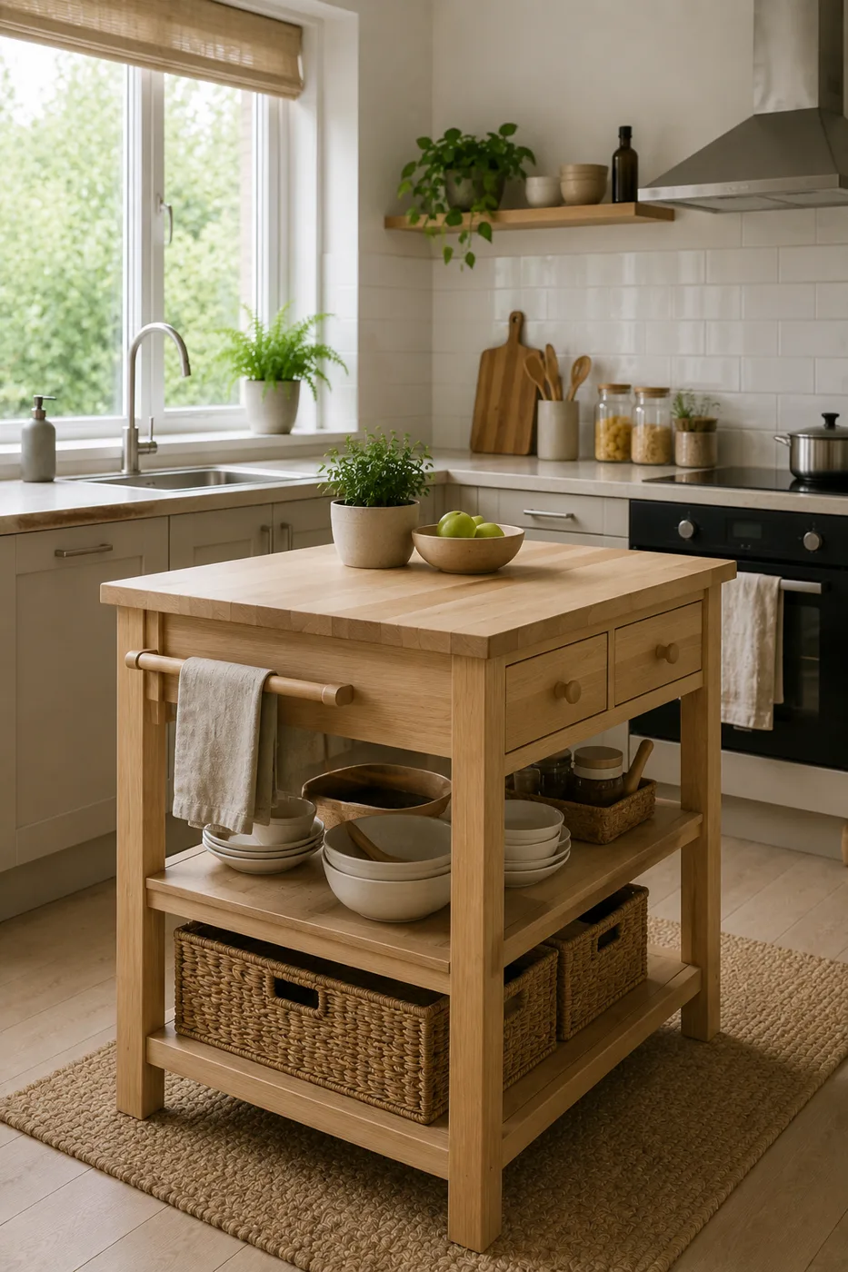 Freestanding butcher block kitchen island with storage underneath