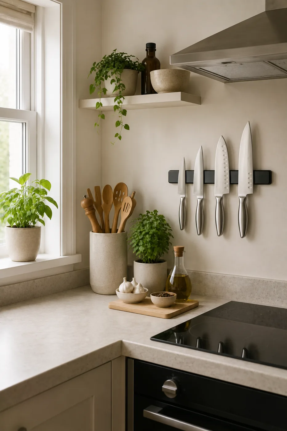 Magnetic knife strip on kitchen wall beside hob with herbs