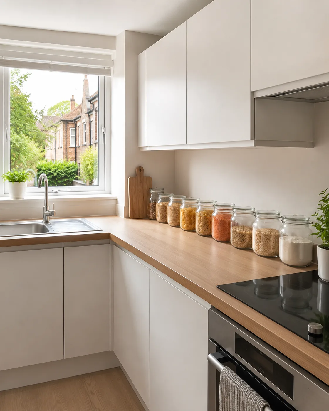 Matching glass storage jars on kitchen counter with dry goods