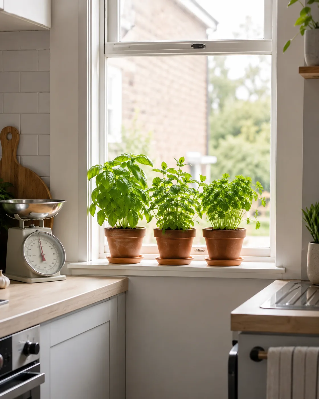 Kitchen windowsill herb garden with terracotta pots and fresh herbs