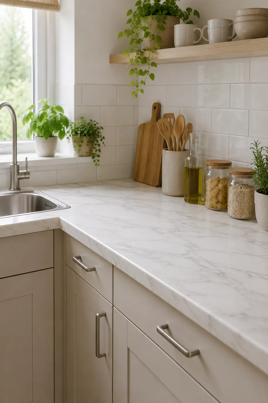 Kitchen with peel and stick marble effect contact paper on worktop