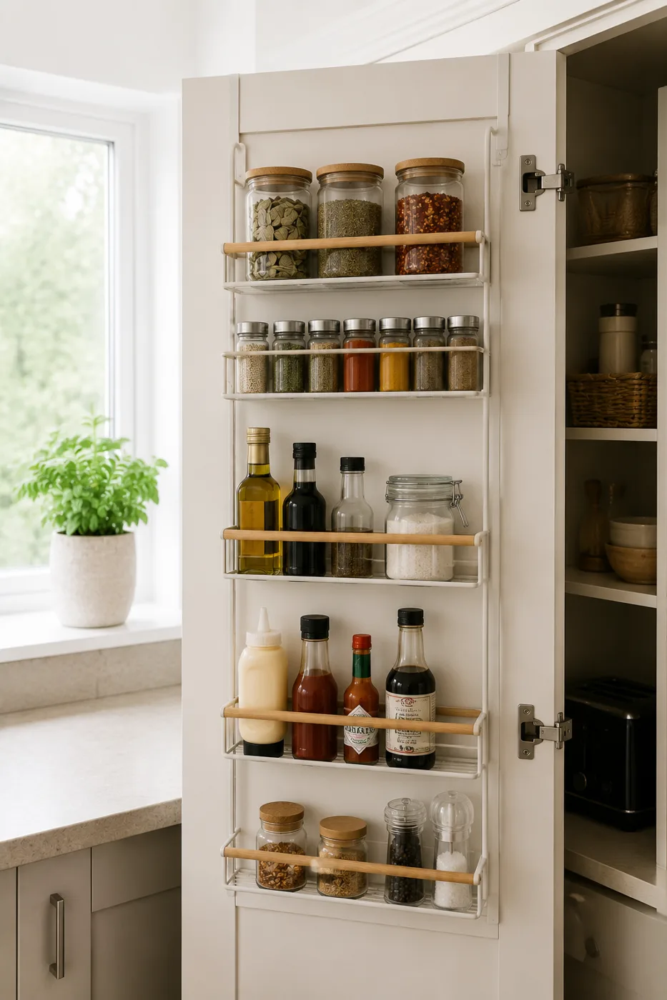 Over-door spice organiser on kitchen cupboard door with spices and bottles